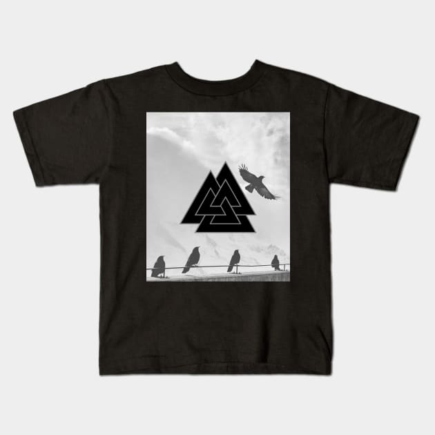 Black and White Valknut with Odin Ravens Kids T-Shirt by Time Nomads